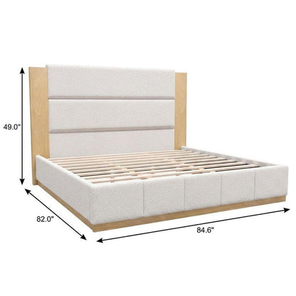 Natural And Off White Solid Wood And Tufted Boucle Upholstered King Bed Frame HomeRoots