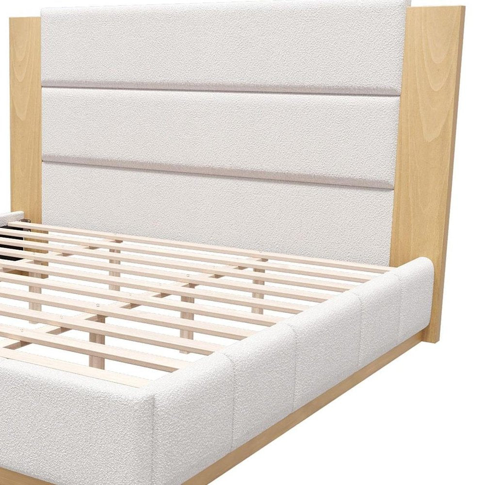 Natural And Off White Solid Wood And Tufted Boucle Upholstered King Bed Frame HomeRoots
