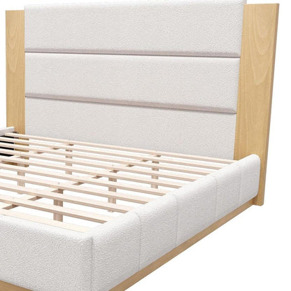 Natural And Off White Solid Wood And Tufted Boucle Upholstered King Bed Frame HomeRoots
