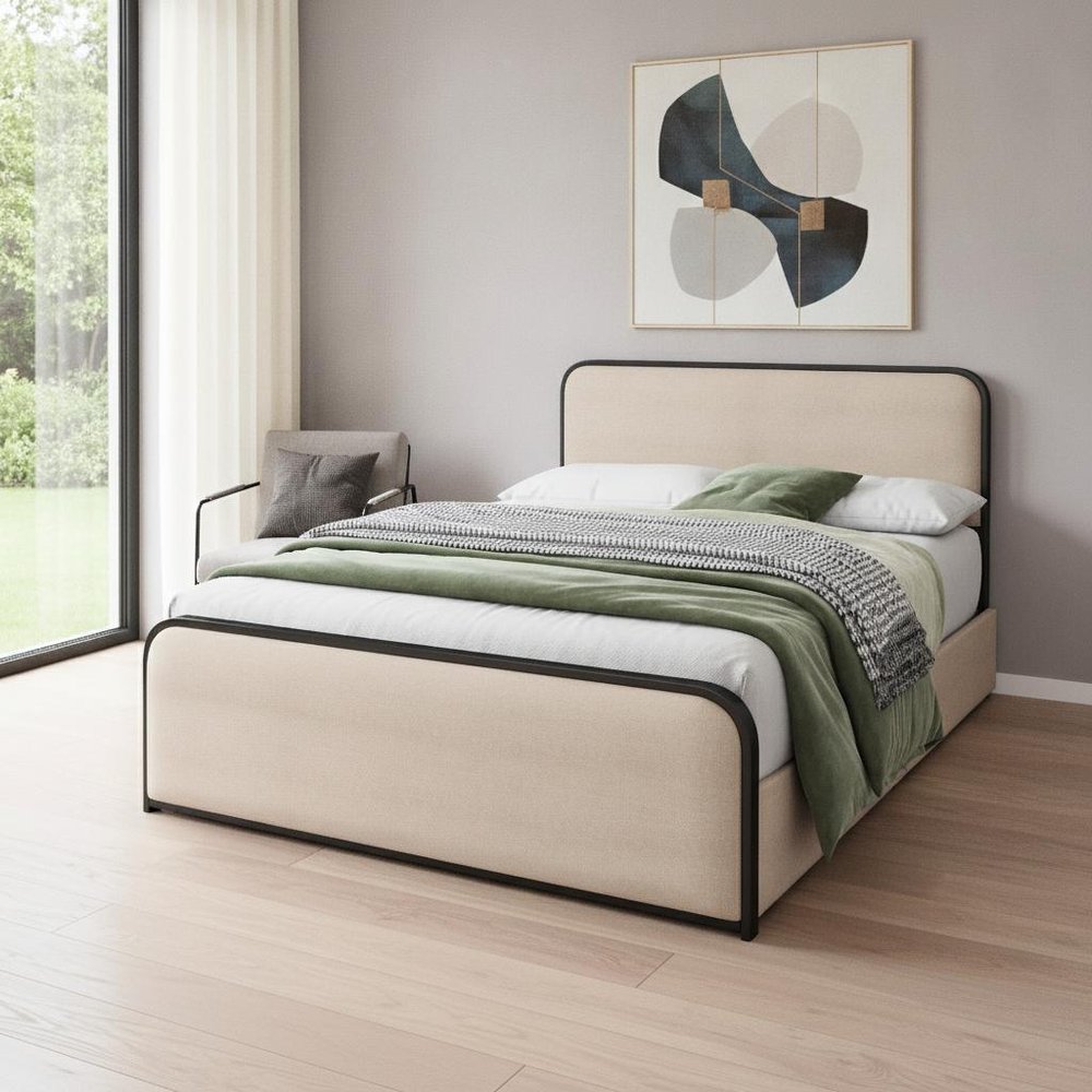 Natural And Beige Metal And Linen Upholstered Queen Bed Frame With Drawers With Drawers Storage