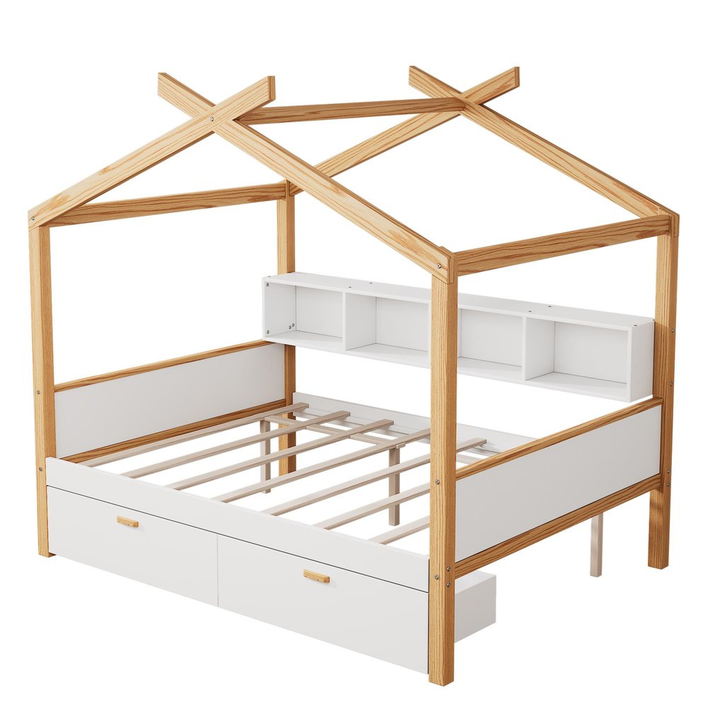 Natural Solid Wood Full House Bed — view 2