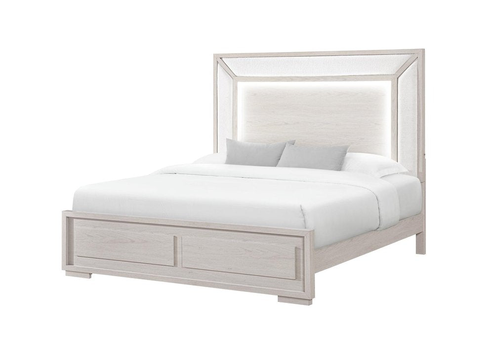 Beige Wood And Upholstery Lighted Upholstered Full Bed Frame — view 1