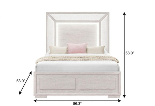 Beige Wood And Upholstery Lighted Upholstered Queen Bed Frame