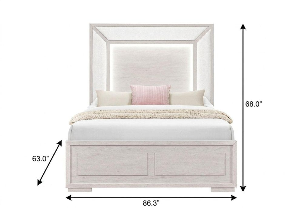 Beige Wood And Upholstery Lighted Upholstered Queen Bed Frame — view 1