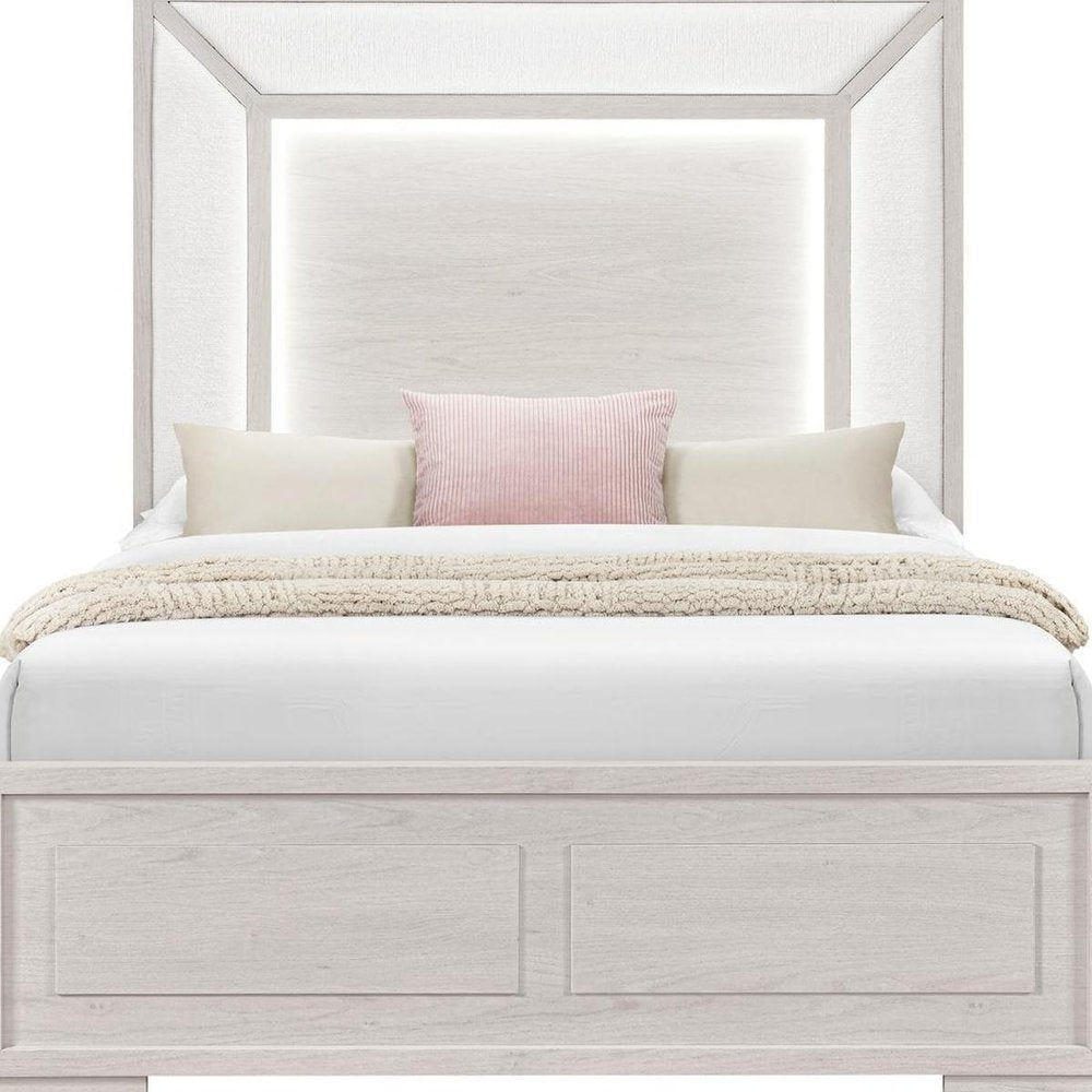 Beige Wood And Upholstery Lighted Upholstered Queen Bed Frame — view 2