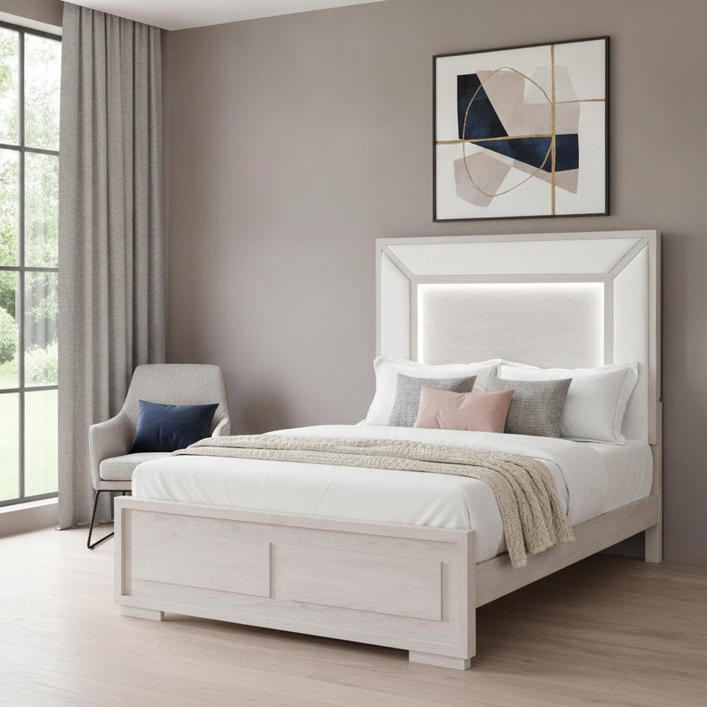Beige Wood And Upholstery Lighted Upholstered Queen Bed Frame — view 3