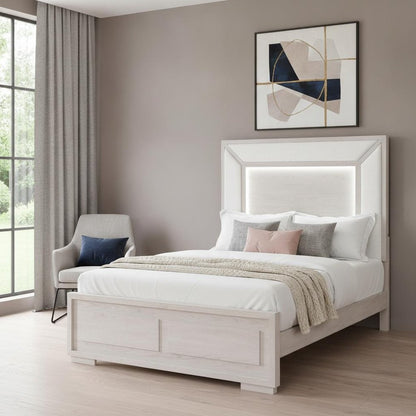 Beige Wood And Upholstery Lighted Upholstered Queen Bed Frame HomeRoots