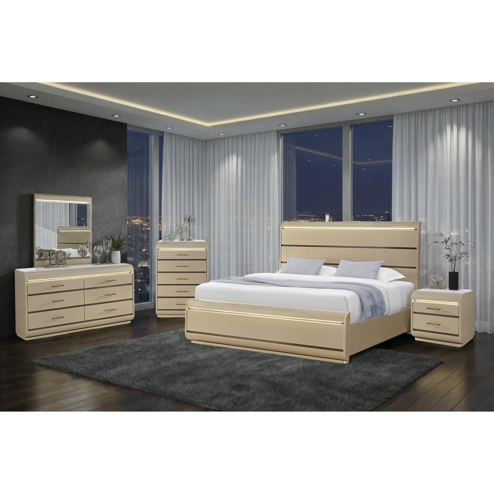 Gold Wood Lighted Queen Bed Frame — view 9