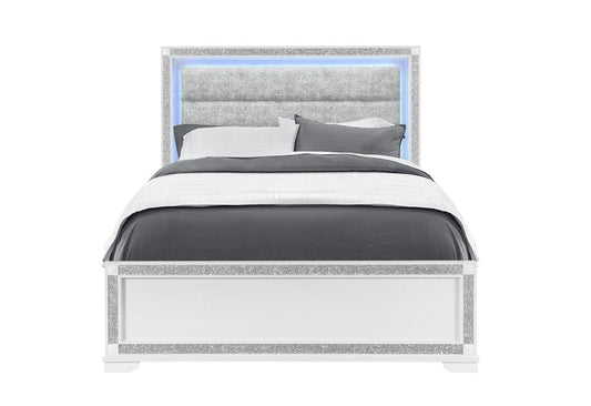 White Faux Crystal Bling Wood Lighted Queen Bed Frame