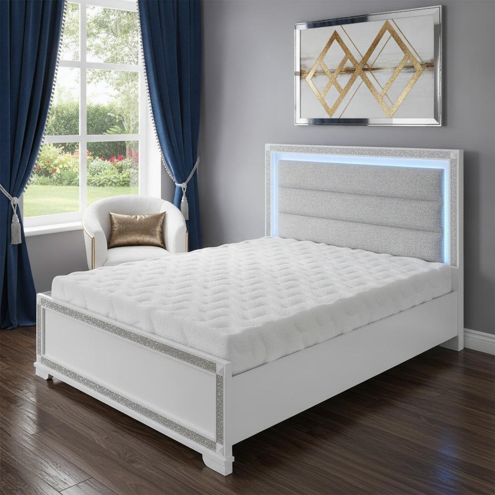 White Faux Crystal Bling Wood Lighted Queen Bed Frame HomeRoots