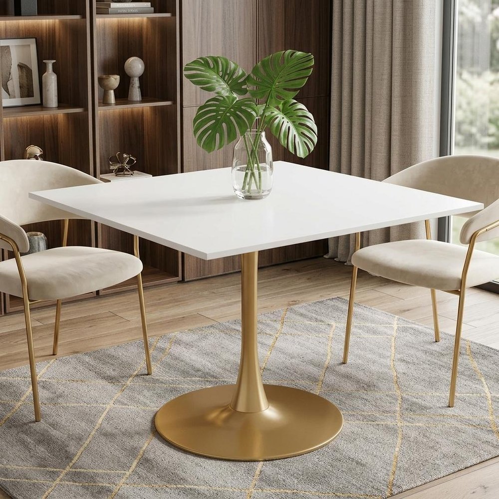 36" White Wood And Steel Pedestal Base Square Dining Table — view 2