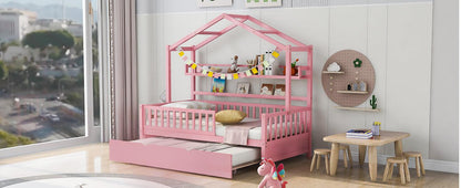 Wooden Twin Size House Bed with Trundle Kids Bed with Shelf Pink - FurniFindUSA