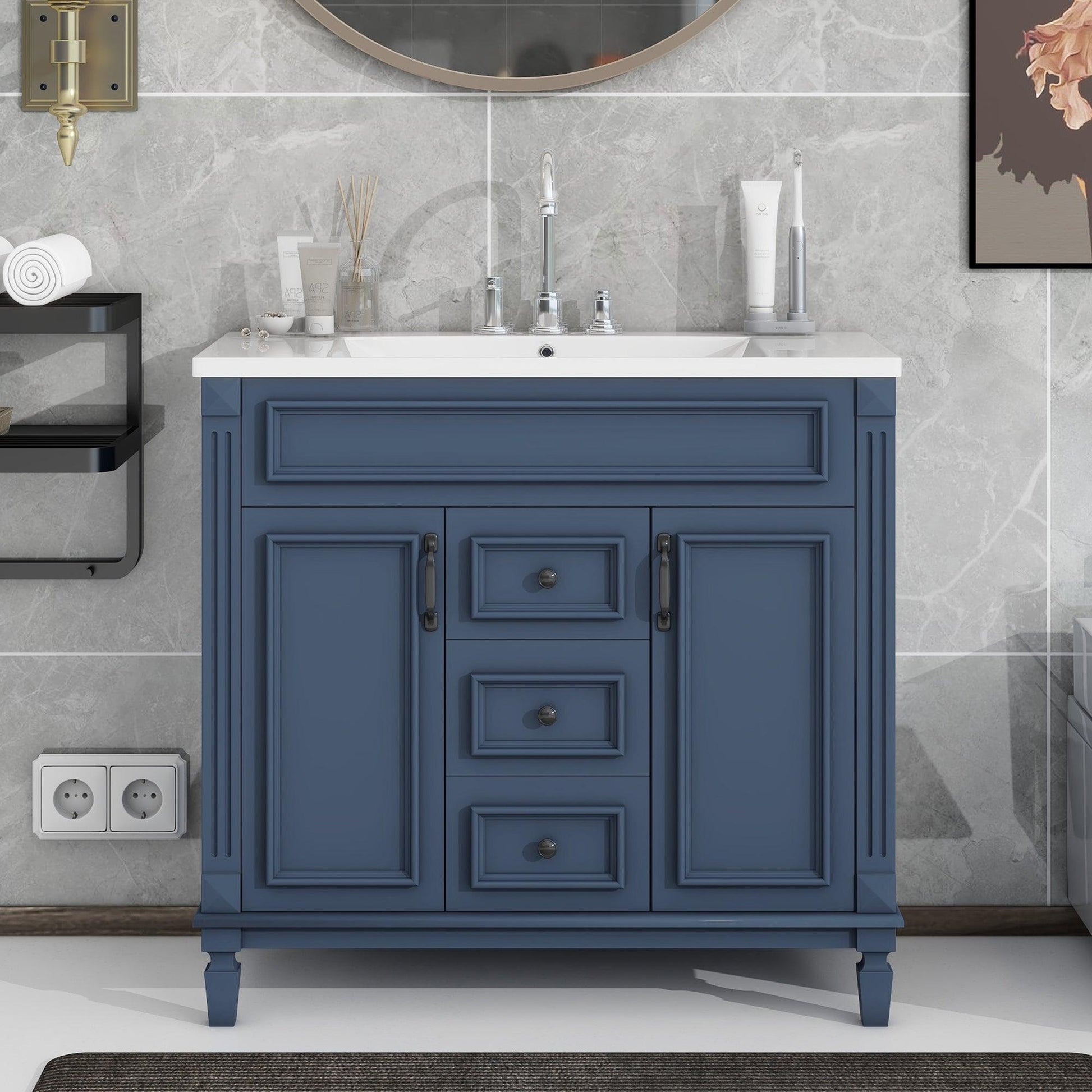 36 inch blue bathroom vanity with top sink, 2 soft doors and 2 drawers, single sink bathroom vanity - FurniFindUSA