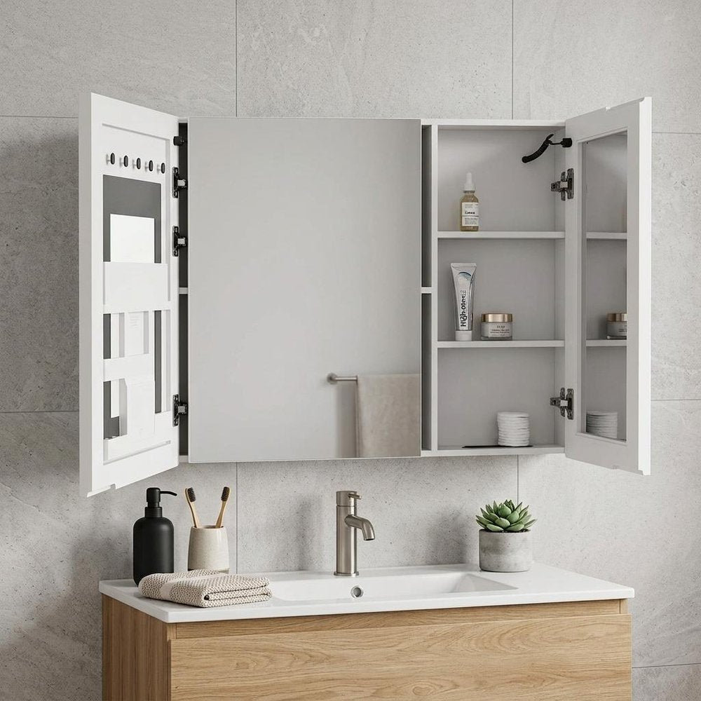 5" White Glass Wall Mounted No Textural Detailing Double Door Medicine Cabinet — view 6