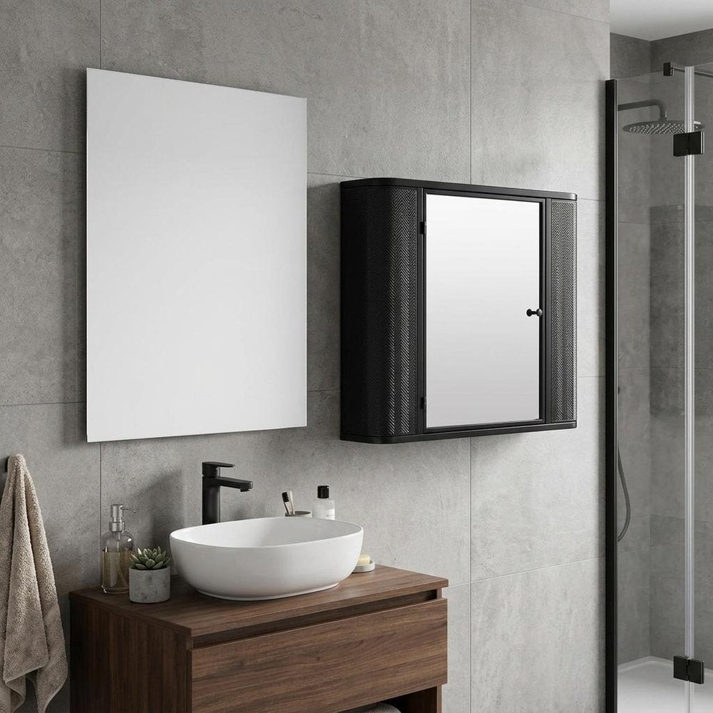 27" Black Steel Wall Mounted No Textural Detailing Single Door Medicine Cabinet — view 6