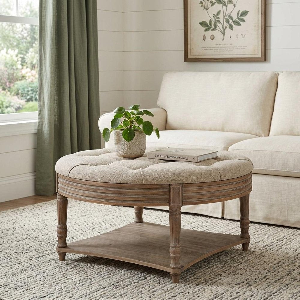 31" Khaki And Natural Wood Round Coffee Table HomeRoots