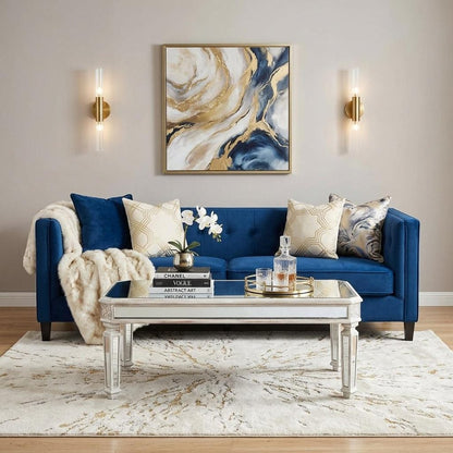 48" Silver And White Mirrored Glass And Wood Coffee Table