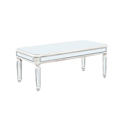 48" Silver And White Mirrored Glass And Wood Coffee Table