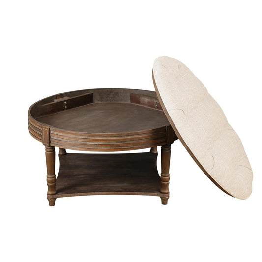 31" Light Gray And Natural Linen Blend Tufted Round Cocktail Ottoman With Storage