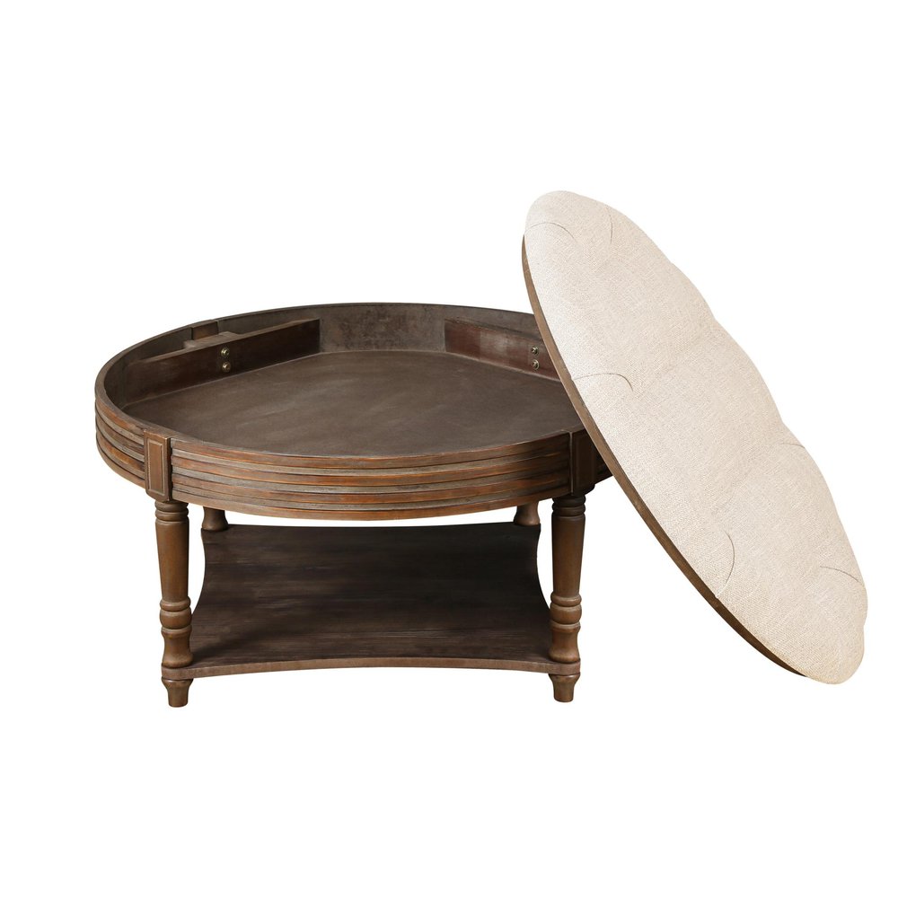 31" Beige And Natural Linen Blend Tufted Round Cocktail Ottoman With Storage