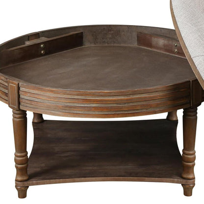 31" Beige And Natural Linen Blend Tufted Round Cocktail Ottoman With Storage
