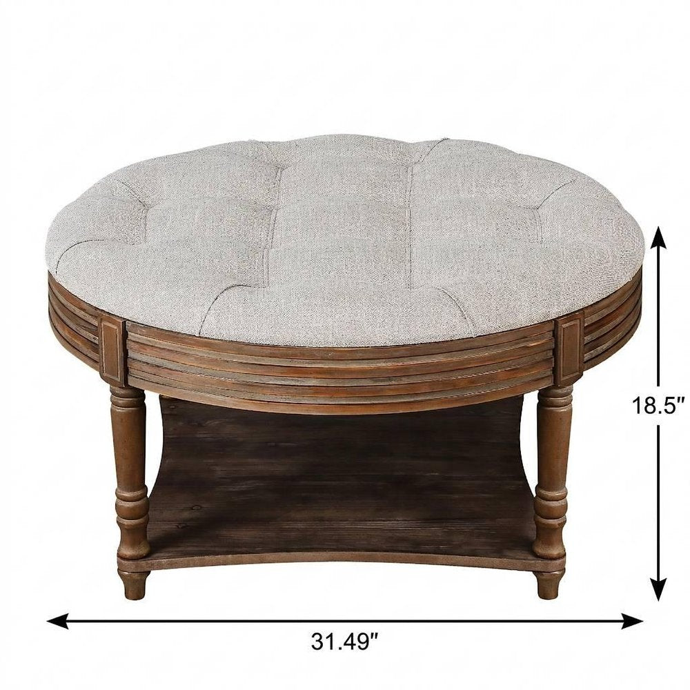 31" Beige And Natural Linen Blend Tufted Round Cocktail Ottoman With Storage — view 13