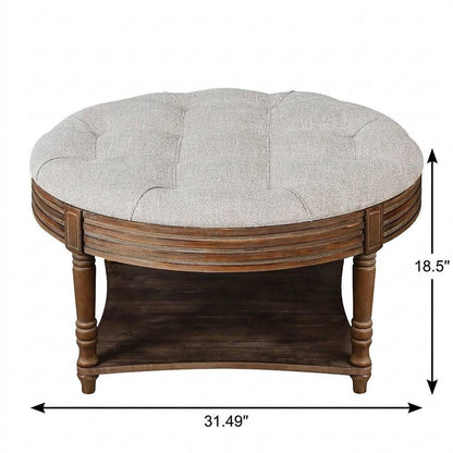 31" Beige And Natural Linen Blend Tufted Round Cocktail Ottoman With Storage
