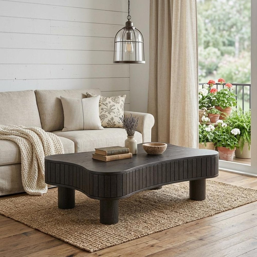 43" Black And Natural Wood And Solid Wood Oval Pedestal Coffee Table — view 6