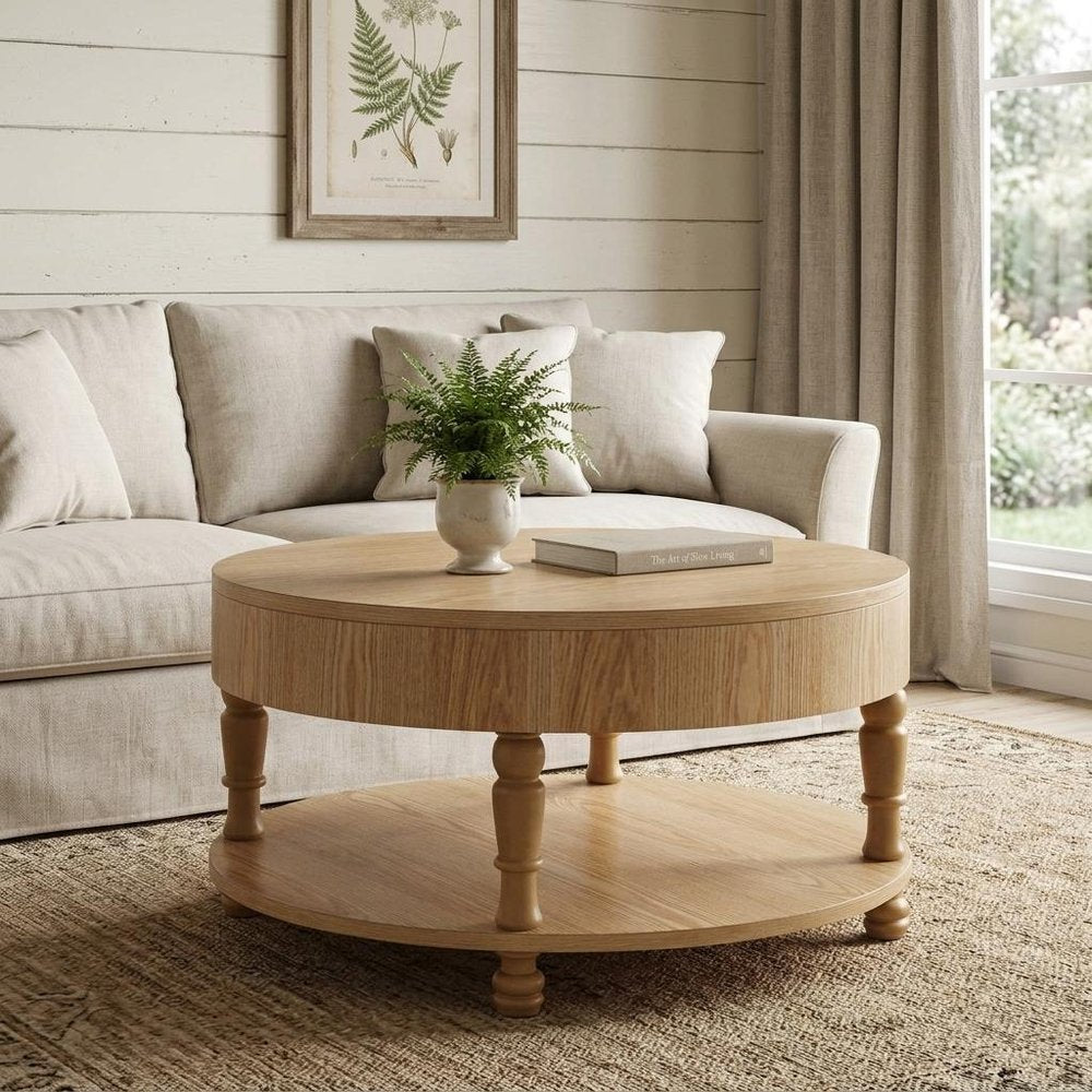 32" Natural Wood And Solid Wood Oval Pedestal Coffee Table
