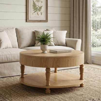 32" Natural Wood And Solid Wood Oval Pedestal Coffee Table