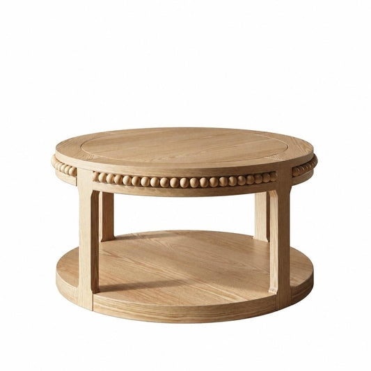 32" Natural Wood Round Floor Shelf Coffee Table