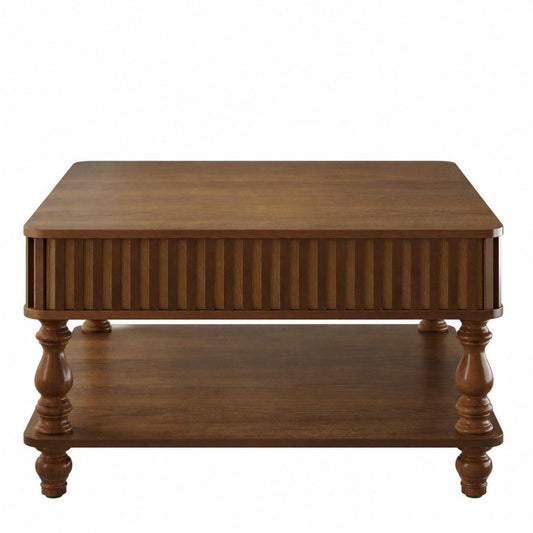 32" Black And Natural Wood And Solid Wood Square Pedestal Coffee Table