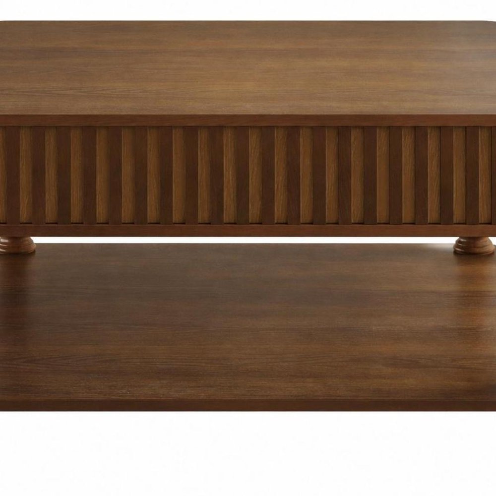 32" Walnut And Natural Wood And Solid Wood Square Pedestal Coffee Table HomeRoots