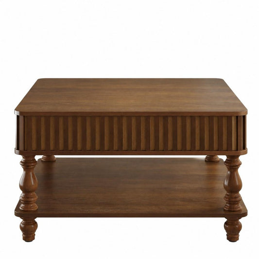 32" Black And Natural Wood And Solid Wood Square Pedestal Coffee Table