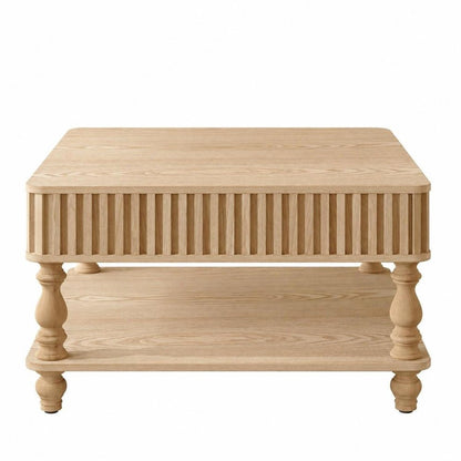 32" Walnut And Natural Wood And Solid Wood Square Pedestal Coffee Table HomeRoots