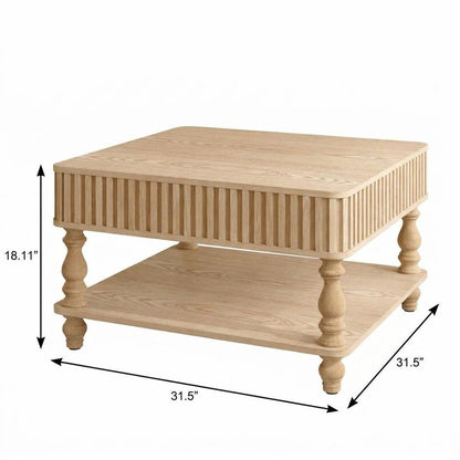 32" Walnut And Natural Wood And Solid Wood Square Pedestal Coffee Table HomeRoots