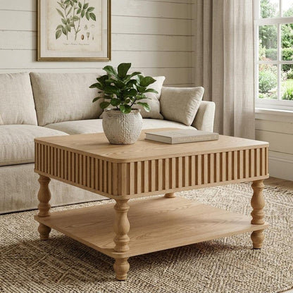 32" Walnut And Natural Wood And Solid Wood Square Pedestal Coffee Table HomeRoots