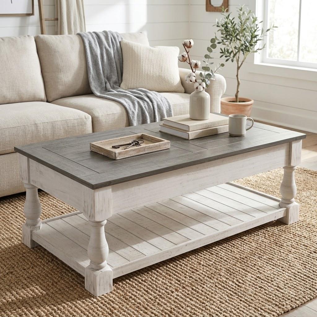 47" Gray And Natural Wood And Solid Wood Square Pedestal Coffee Table
