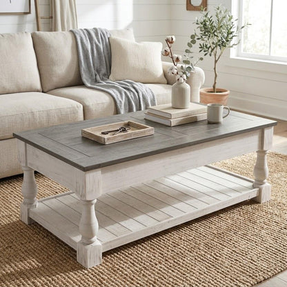 47" Gray And Natural Wood And Solid Wood Square Pedestal Coffee Table