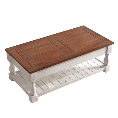 47" Espresso And Natural Wood And Solid Wood Square Pedestal Coffee Table HomeRoots