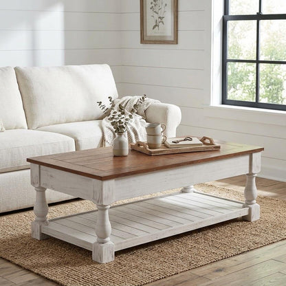 47" Gray And Natural Wood And Solid Wood Square Pedestal Coffee Table