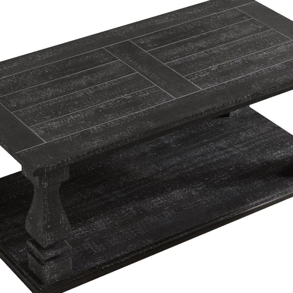 47" Black And Natural Wood And Solid Wood Square Pedestal Coffee Table HomeRoots
