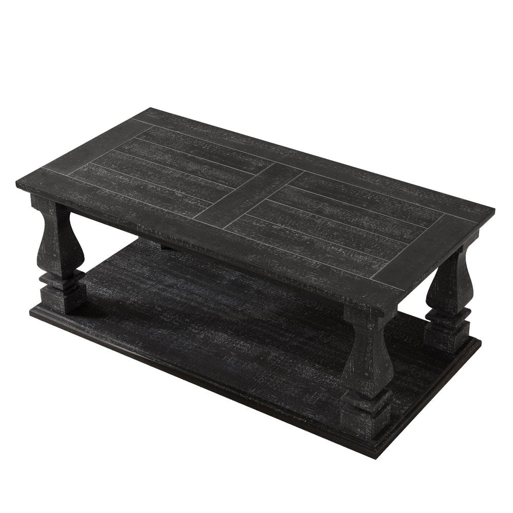 47" Black And Natural Wood And Solid Wood Square Pedestal Coffee Table HomeRoots