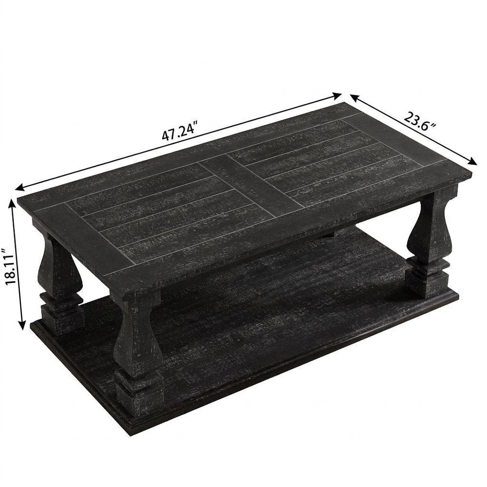 47" Black And Natural Wood And Solid Wood Square Pedestal Coffee Table — view 6