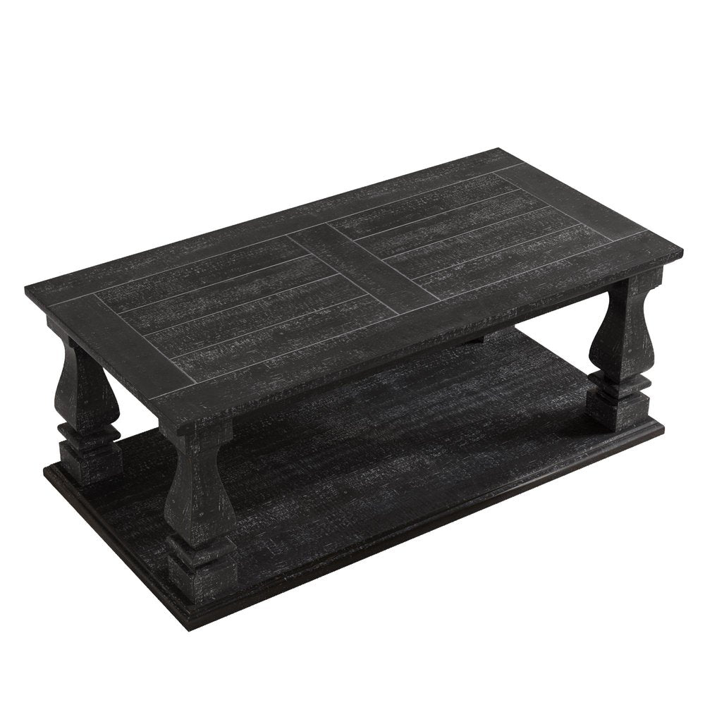 47" Black And Natural Wood And Solid Wood Square Pedestal Coffee Table — view 2