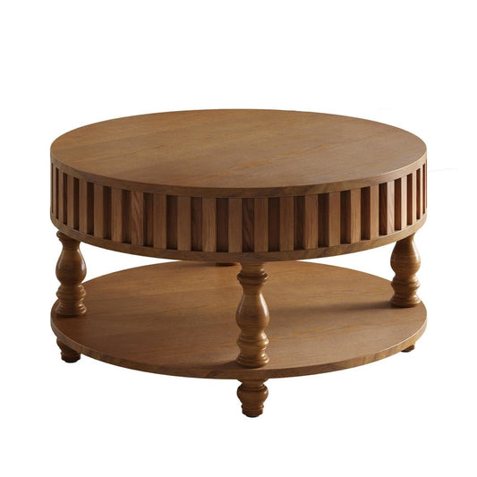 31" Walnut And Natural Wood And Solid Wood Square Pedestal Coffee Table