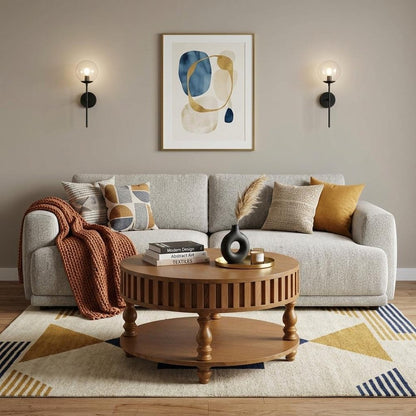 31" Black And Natural Wood And Solid Wood Round Lift Top Coffee Table