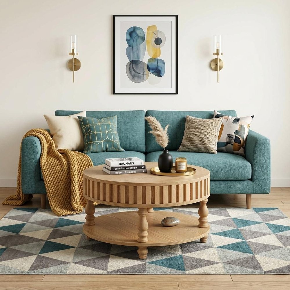 31" Walnut And Natural Wood And Solid Wood Square Pedestal Coffee Table HomeRoots