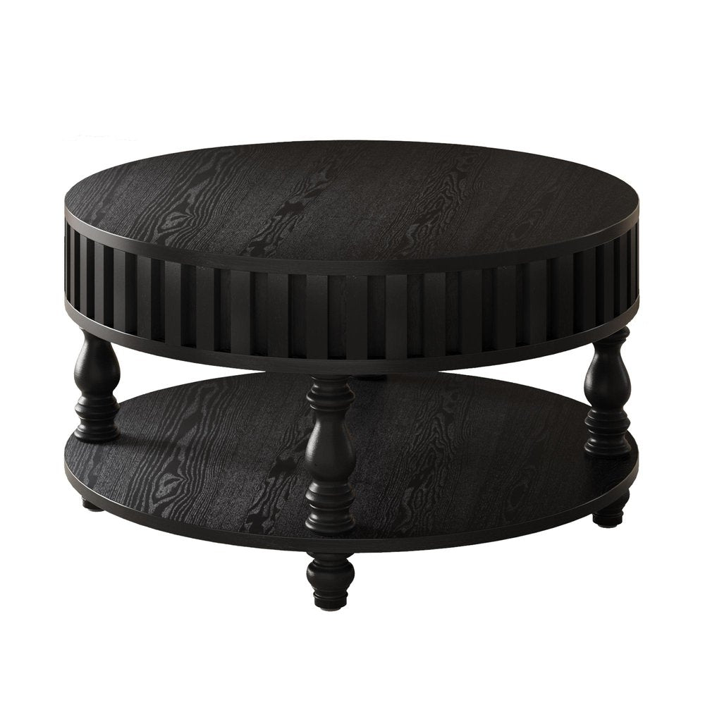 31" Black And Natural Wood And Solid Wood Round Lift Top Coffee Table