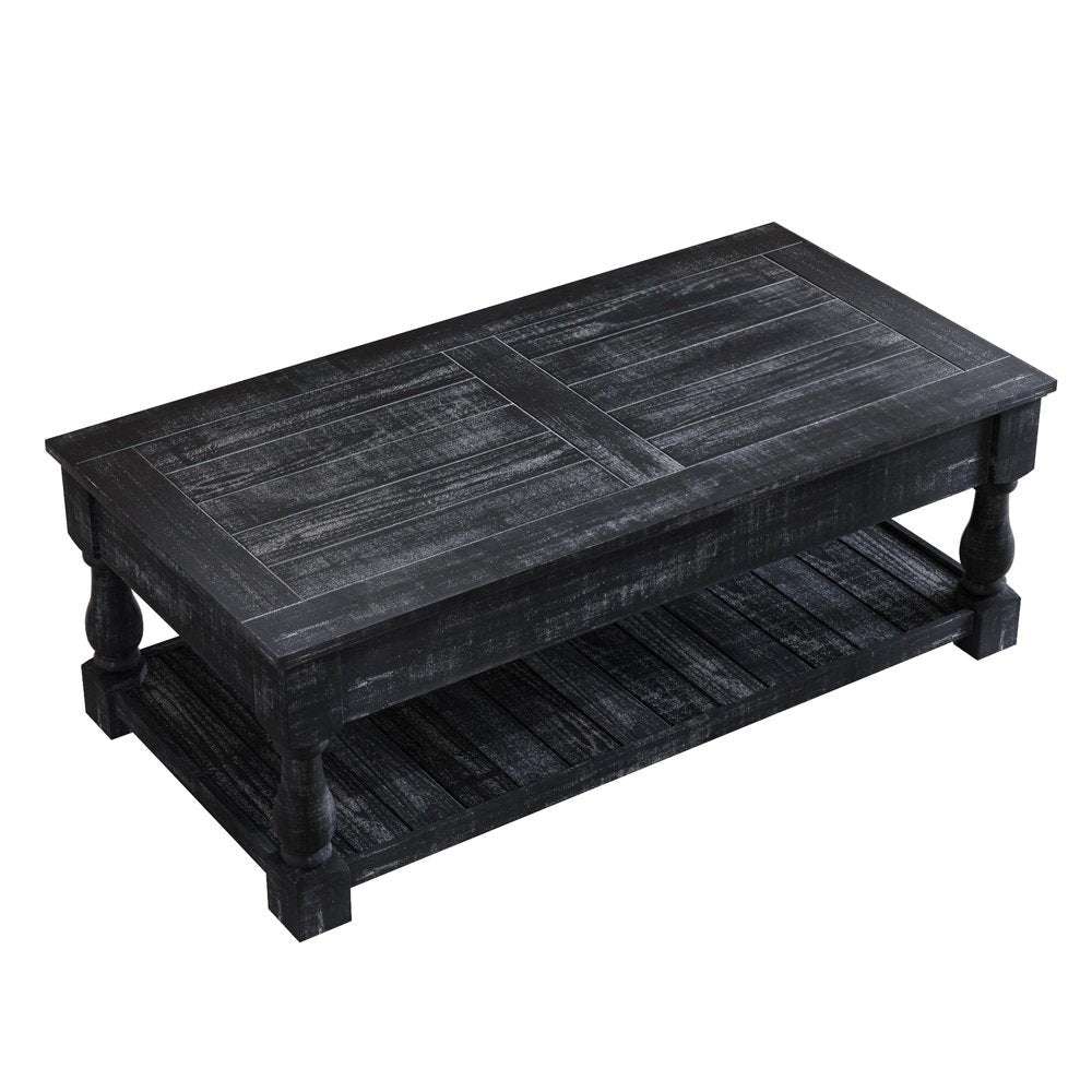 47" Black And Natural Wood And Solid Wood Square Pedestal Coffee Table HomeRoots